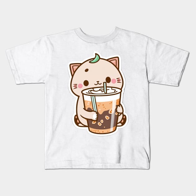 Cute Cat Drinking Bubble Tea Cartoon Boba Drawing Kids T-Shirt by kiddo200